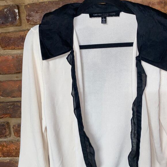 Carmen Marc Valvo Cream Black Silk Trim Cardigan Sweater Women's Size Large - Picture 2 of 6